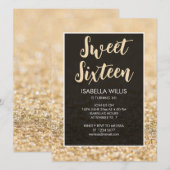 シャンパン金ゴールドスパークルスウィート16エレガントスクリプト 招待状 (正面/裏面)
