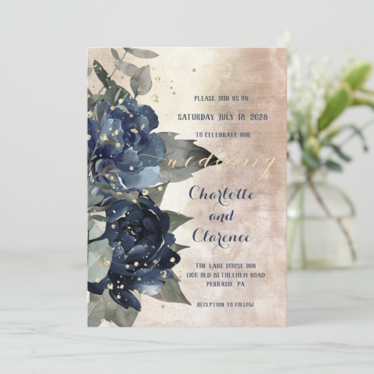 シャンパン金ゴールドネイビーピーニーユーカリ結婚プトゥス 招待状 (スタンド正面)