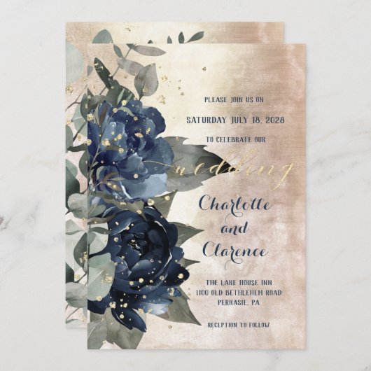 シャンパン金ゴールドネイビーピーニーユーカリ結婚プトゥス 招待状 (正面/裏面)