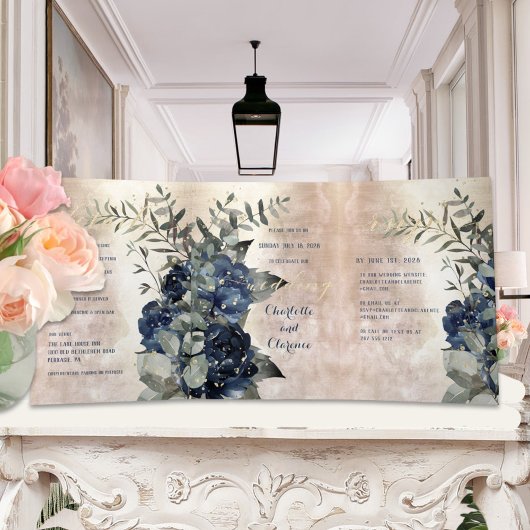 シャンパン金ゴールドネイビーブルーピーニーユーカリ結婚プトゥス 三つ折り招待状