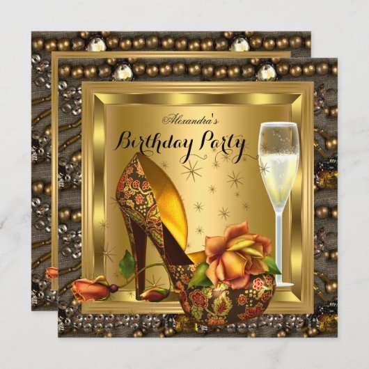 シャンパン金ゴールドバラハイムエレガントバースデーパーティー 招待状 (正面/裏面)