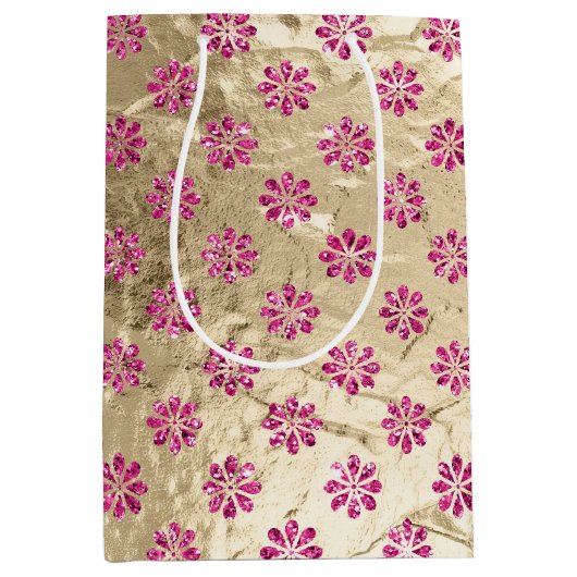 シャンパン金ゴールドピンクグリジー花 ミディアムペーパーバッグ (正面)