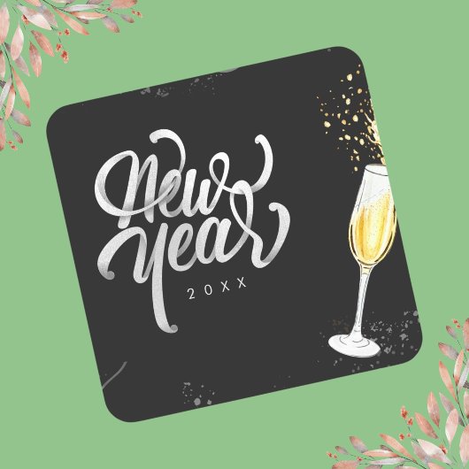 シャンパン金ゴールドブラックワイングラスモダン紙吹雪 スクエアシール