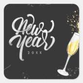 シャンパン金ゴールドブラックワイングラスモダン紙吹雪 スクエアシール (正面)