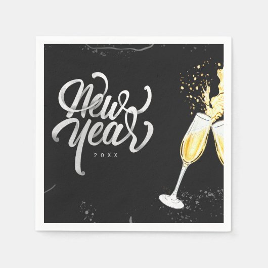 シャンパン金ゴールドブラックワイングラスモダン紙吹雪 スタンダードカクテルナプキン (正面)