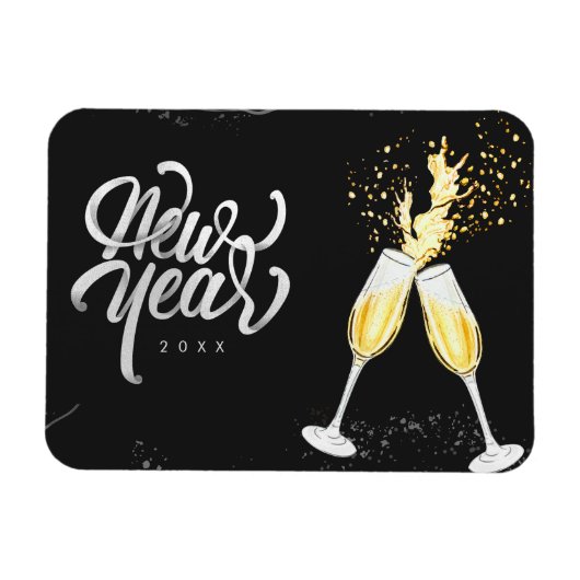 シャンパン金ゴールドブラックワイングラスモダン紙吹雪 マグネット (横)