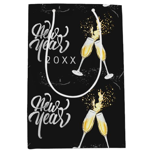 シャンパン金ゴールドブラックワイングラス紙吹雪モダンミー ミディアムペーパーバッグ (正面)