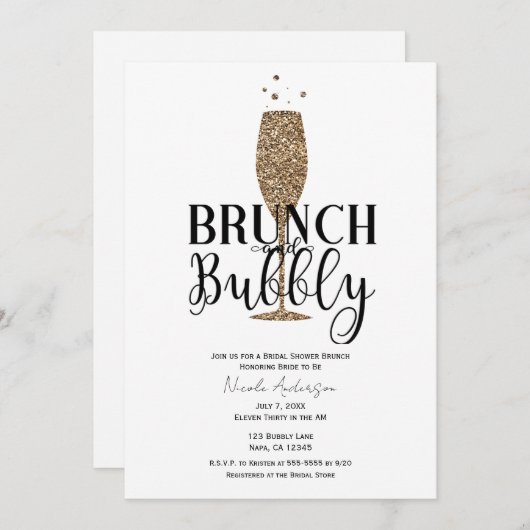 シャンパン金ゴールド白黒バブリーブライダルシャワー 招待状 (正面/裏面)