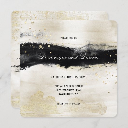 シャンパン金ゴールド&ブラックウォーターカラースクエア結婚ズ 招待状 (正面/裏面)