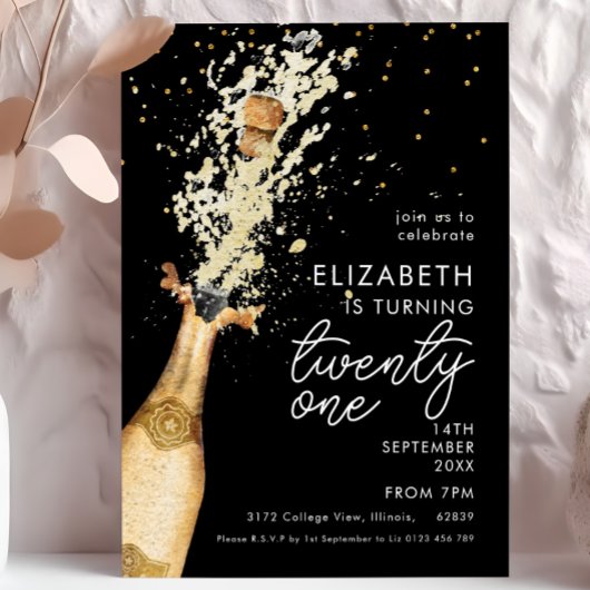 シャンパン21thバースデーブラック金ゴールド招待状 招待状