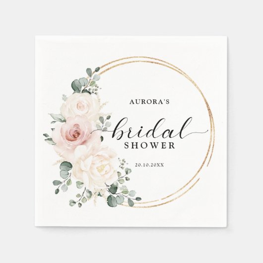 シャンパン アイボリー ブラッシュ ピンク フラワーブライダルシャワー スタンダードカクテルナプキン (正面)