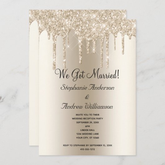 シャンパン グリッター垂れる 秘密の結婚式 披露宴 案内状 (正面/裏面)