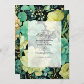 シャンパン、グリーン、ブラックフローラ結婚ズ 招待状 (正面/裏面)