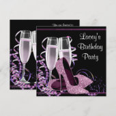 シャンパン ハイ ヒール 女性の ホット ピンク 誕生日パーティー 招待状 (正面/裏面)