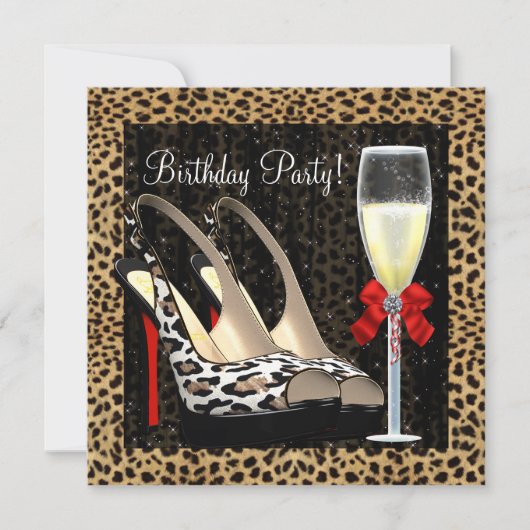 シャンパン ハイ ヒール 靴 レオパード 誕生日 招待状 (正面)