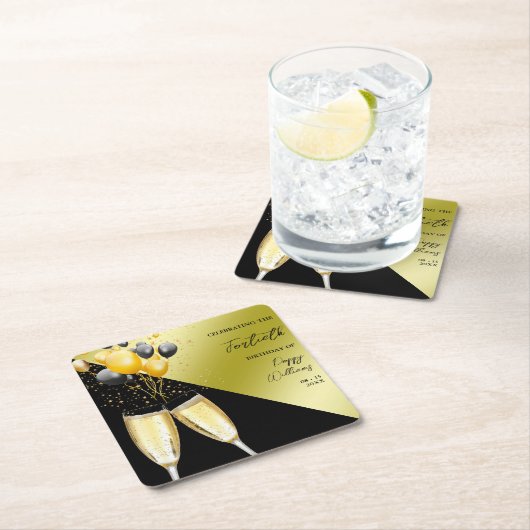 シャンパン&バルーン40歳の誕生日 スクエアペーパーコースター (インサイチュ)