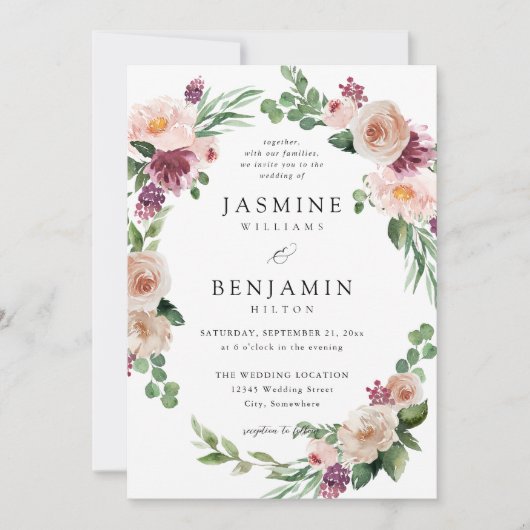 シャンパン & ピンク フラワール 4 招待状 (正面)