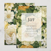 シャンパン、ホワイト&グリーンリーフローラ結婚ズ 招待状 (正面/裏面)