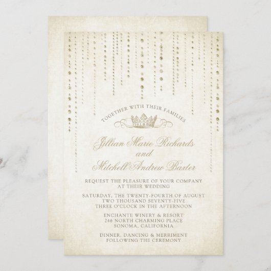 シャンパーニュ金ゴールドフェアユタリークラウン結婚ズ 招待状 (正面/裏面)