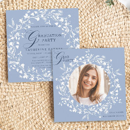 シャンブレブルーホワイトワイルドフラワーリース卒業 招待状