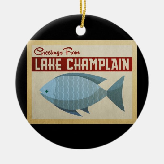 シャンプレーン湖フィッシュヴィンテージトラベル セラミックオーナメント (正面)