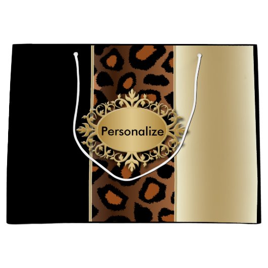 シャンペンおよび黒いヒョウパターン ラージペーパーバッグ (正面)