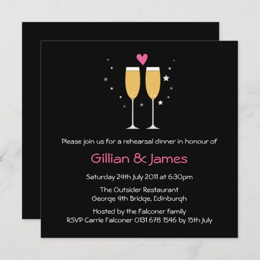 シャンペンのトーストのリハーサルの夕食の招待状 招待状 (正面/裏面)