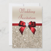 シャンペンのフェイクなスパンコールの赤い弓結婚式 招待状 (正面)
