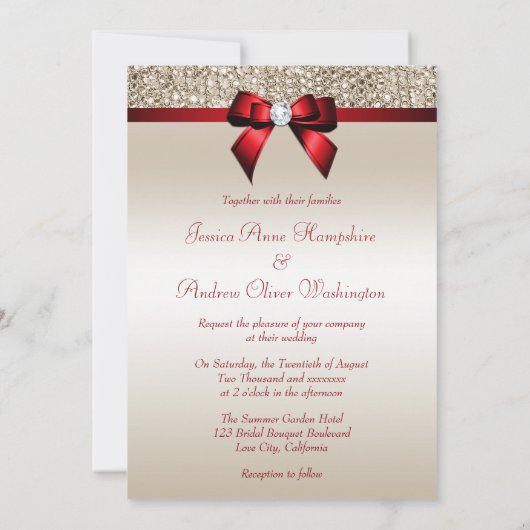 シャンペンのフェイクなスパンコールの赤い弓結婚式 招待状 (裏面)