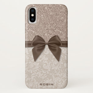 シャンペンの押しつぶされた宝石、ベージュダマスク織およびリボン iPhone X ケース