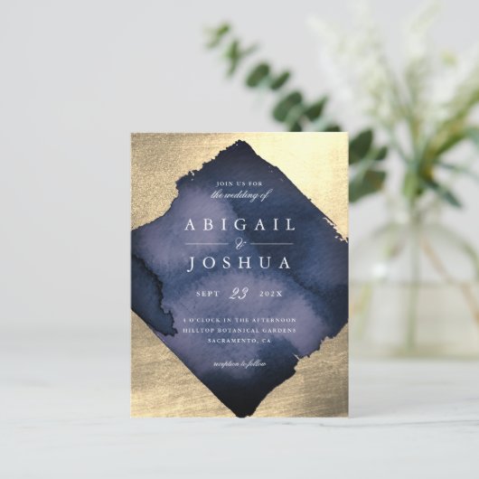 シャンペンの金ゴールドのダイヤモンド海軍水彩画の結婚式 インビテーションポストカード (スタンド正面)