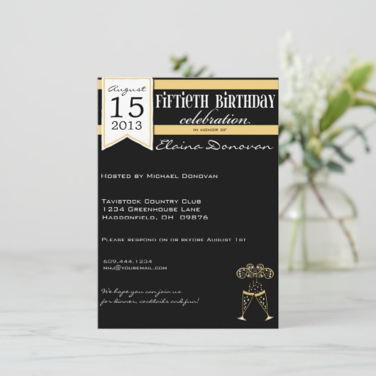シャンペンの金ゴールド、白くおよび黒い第50誕生日 招待状 (スタンド正面)