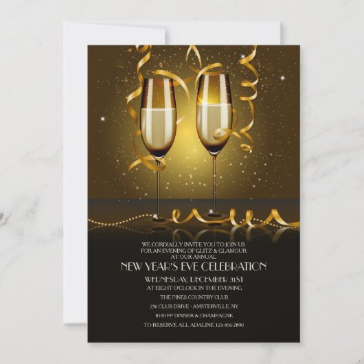 シャンペンガラスの大晦日の招待状 招待状 (正面)