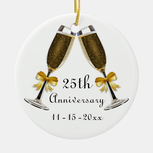 シャンペンガラスの金ゴールドの弓記念日のカスタム年 セラミックオーナメント (正面)
