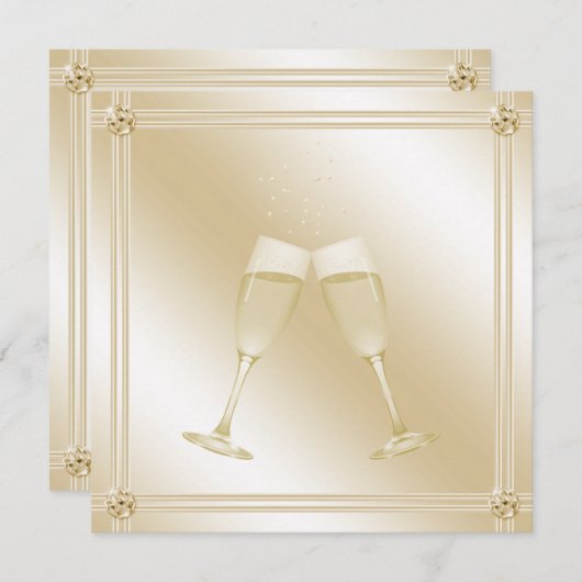 シャンペン金ガラス及びサファイアの婚約パーティ 招待状 (正面/裏面)