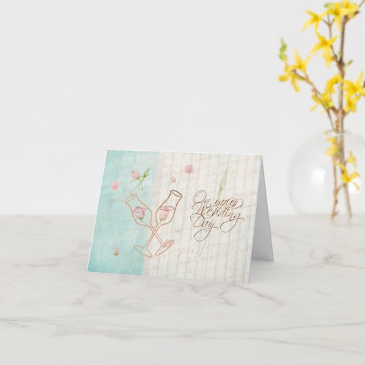 シャンペン+バラのヴィンテージ+あなたの婚礼の日の青 カード (黄色い花)