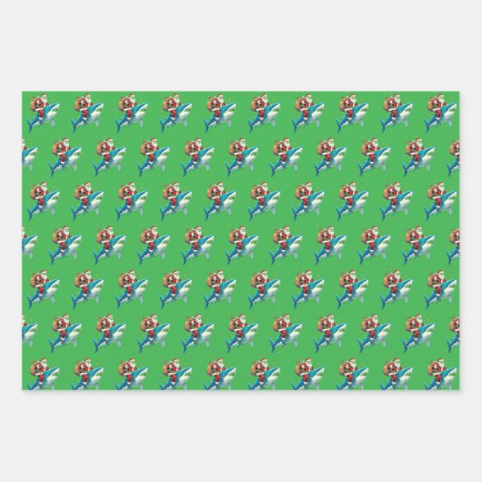 シャークおもしろいクリスマスプレゼントに乗るサンタクロース ラッピングペーパーシート (正面3)