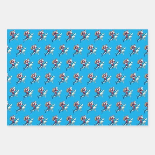 シャークおもしろいクリスマスプレゼントに乗るサンタクロース ラッピングペーパーシート (正面2)