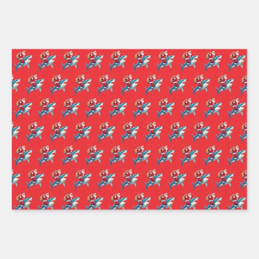 シャークおもしろいクリスマスプレゼントに乗るサンタクロース ラッピングペーパーシート (正面)