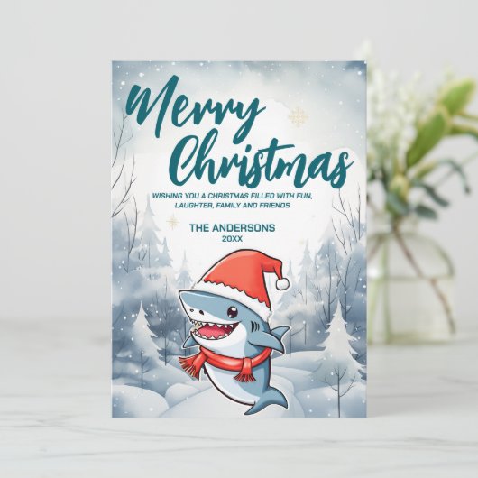 シャークおもしろいメリークリスマスツリー雪ホリデーパーティー シーズンカード (スタンド正面)