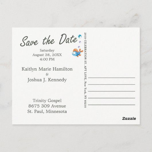 シャークおもしろい魚テーマ結婚式の日付を保存 ポストカード (裏面)