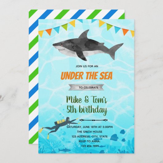 シャークとスキューバの誕生日の招待状 招待状 (正面/裏面)