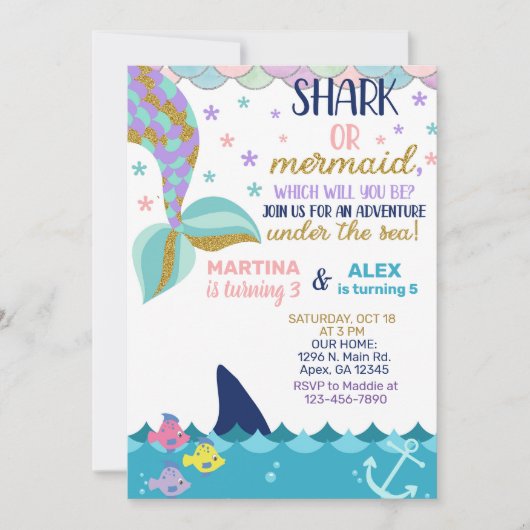 シャークとマーメイド兄弟姉妹誕生日招待状。インビタ 招待状 (正面)