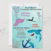 シャークとマーメイド兄弟姉妹誕生日招待状。 招待状 (正面)
