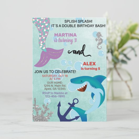 シャークとマーメイド兄弟姉妹誕生日招待状。 招待状 (スタンド正面)