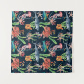 シャークと層状の水彩シームレスパターン タペストリー (正面(横))