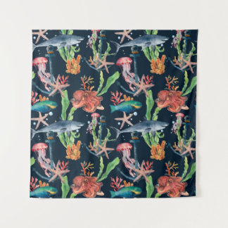 シャークと層状の水彩シームレスパターン タペストリー