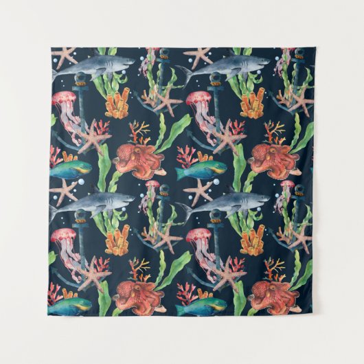 シャークと層状の水彩シームレスパターン タペストリー (正面)