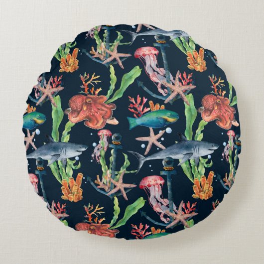 シャークと層状の水彩シームレスパターン ラウンドクッション (正面)