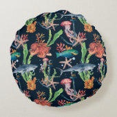 シャークと層状の水彩シームレスパターン ラウンドクッション (裏面)